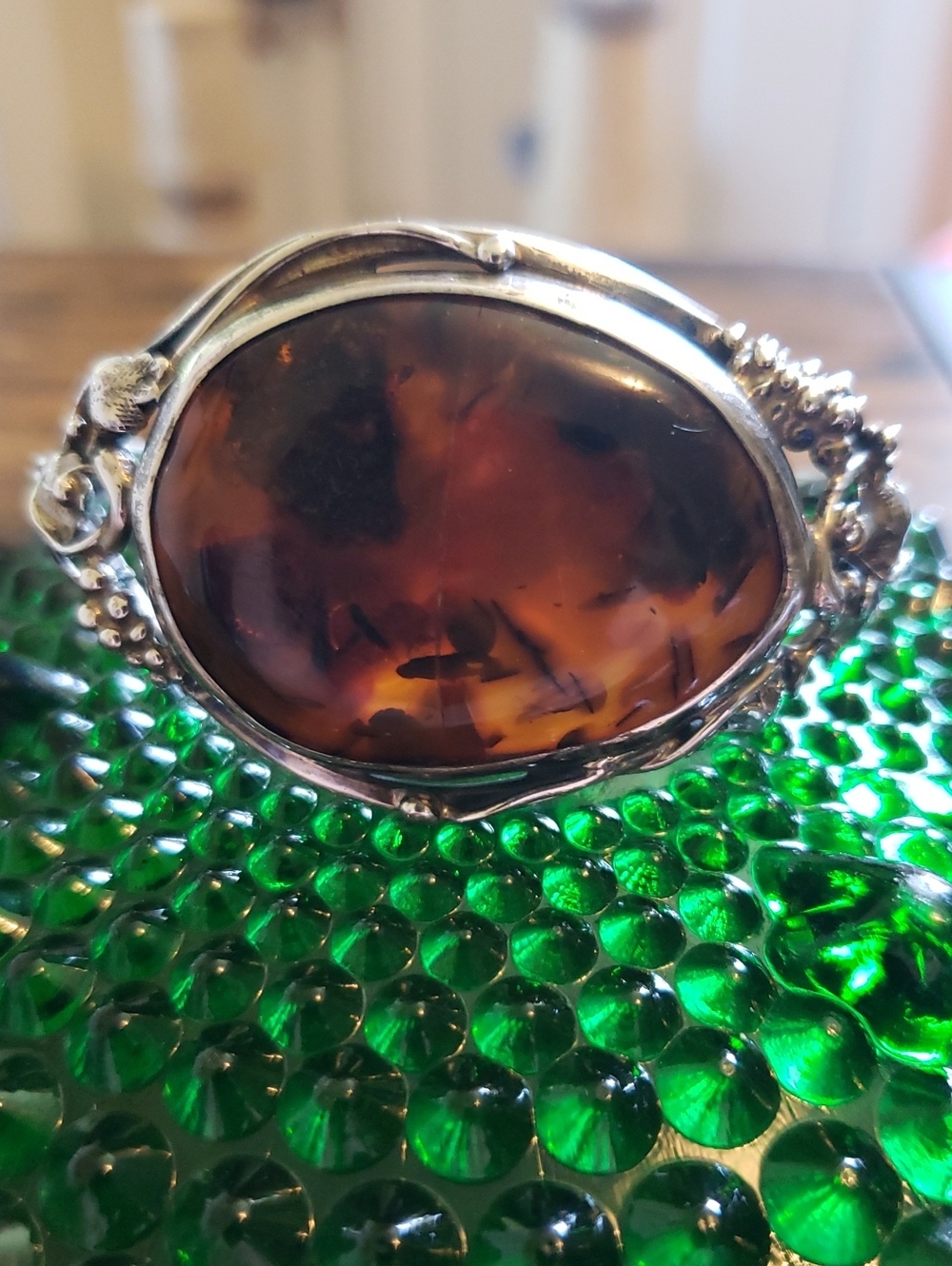 Vintage Ornate Floral and Vine Silver Baltic Amber Cabochon Cuff Bracelet
